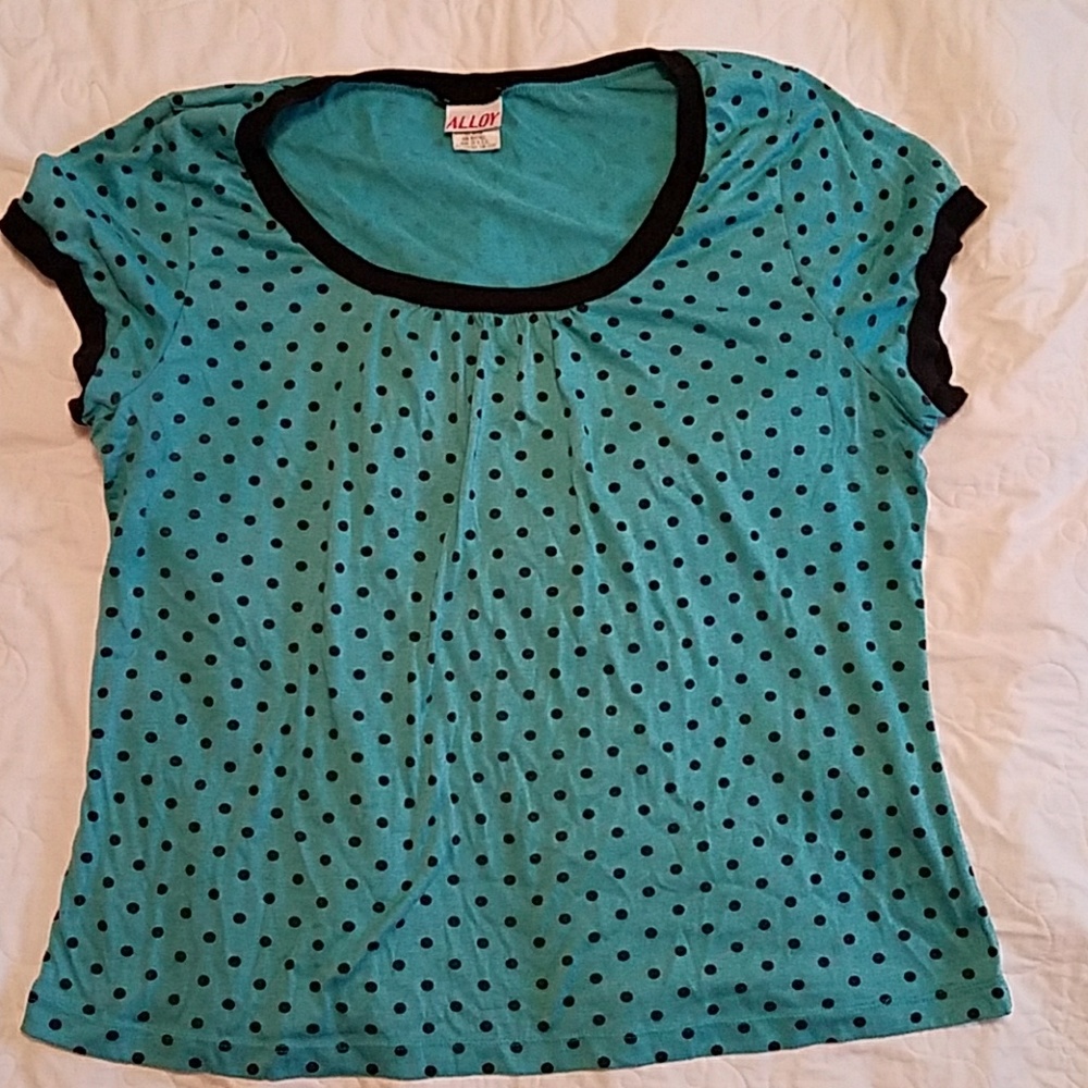 Teal Scoop Neck Top with Black Polka Dots
